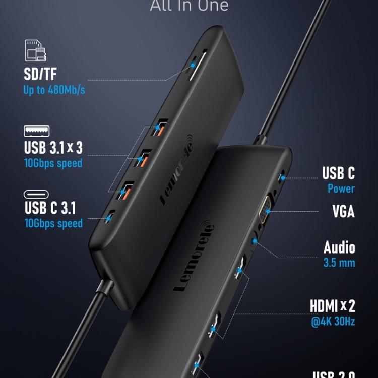 Estación de acoplamiento Lemorele TC97 Tipo-C Gigabit Ethernet 4K HDMI PD con concentrador de carga