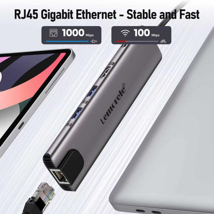 Hub multipuerto Lemorele TC65L Tipo-C Gigabit Ethernet 4K HDMI PD Base de carga
