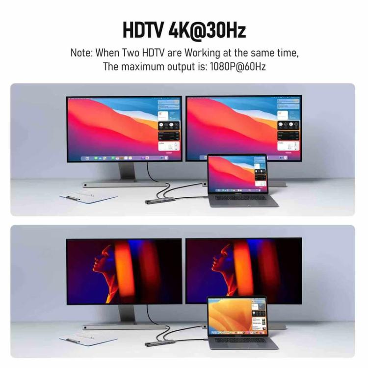 Hub multipuerto Lemorele TC65L Tipo-C Gigabit Ethernet 4K HDMI PD Base de carga