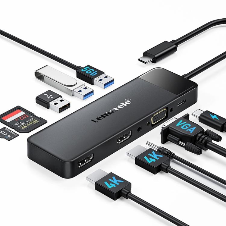 Estación de acoplamiento multipuerto Lemorele TC94 10 en 1 con doble HDMI y VGA, PD100W