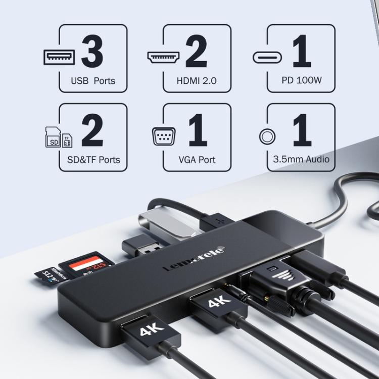 Estación de acoplamiento multipuerto Lemorele TC94 10 en 1 con doble HDMI y VGA, PD100W