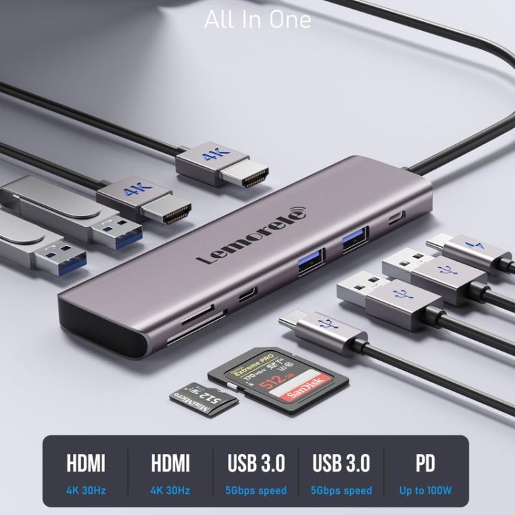 Adaptador para portátil Lemorele TC91 con conexión USB-C, triple pantalla, Ethernet y Power Delivery de 100 W.