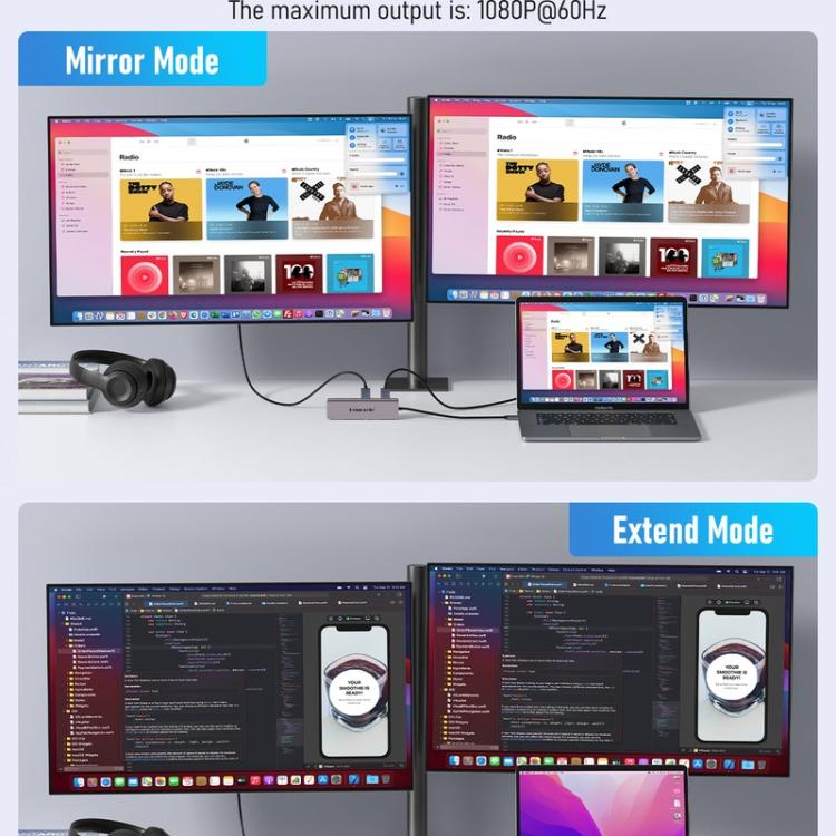 Adaptador para portátil Lemorele TC91 con conexión USB-C, triple pantalla, Ethernet y Power Delivery de 100 W.
