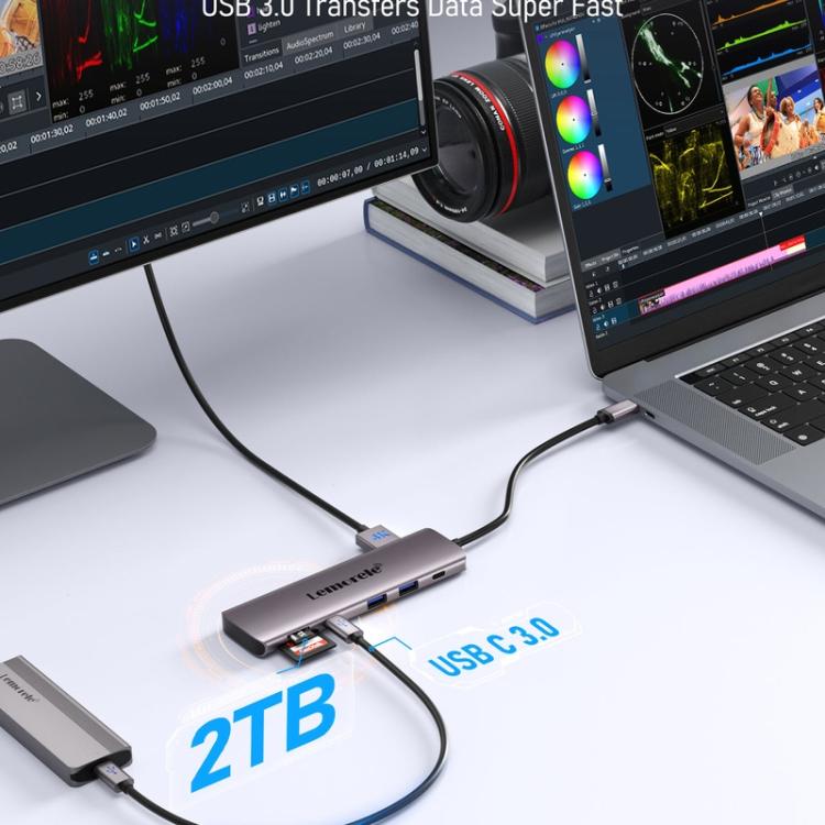 Adaptador para portátil Lemorele TC91 con conexión USB-C, triple pantalla, Ethernet y Power Delivery de 100 W.