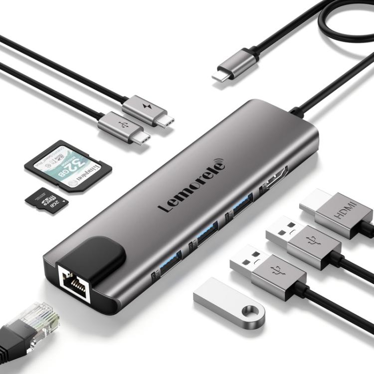 Estación de acoplamiento Lemorele TC39 9 en 1 con HDMI, Ethernet y conector PD de 100 W para portátil.