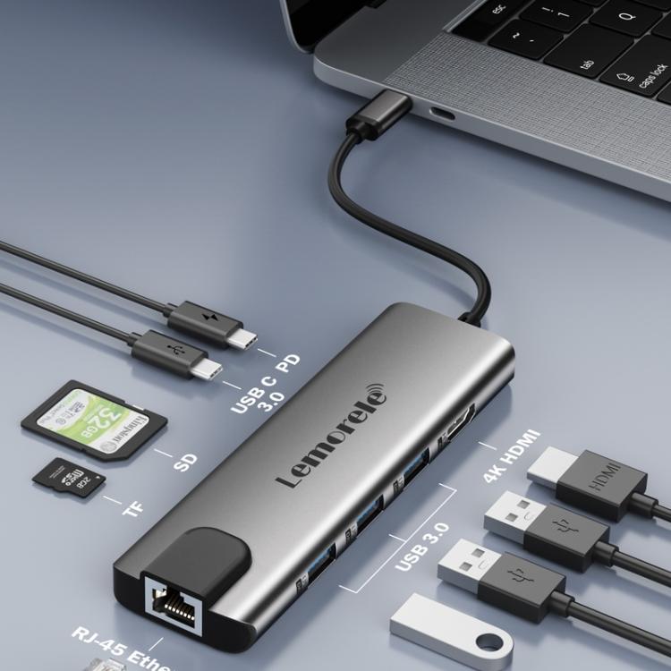 Estación de acoplamiento Lemorele TC39 9 en 1 con HDMI, Ethernet y conector PD de 100 W para portátil.