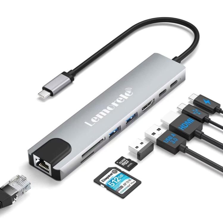 Estación de acoplamiento Lemorele TC19L Plus 8 en 1 con pantalla 4K, Ethernet y adaptador PD de 100 W.