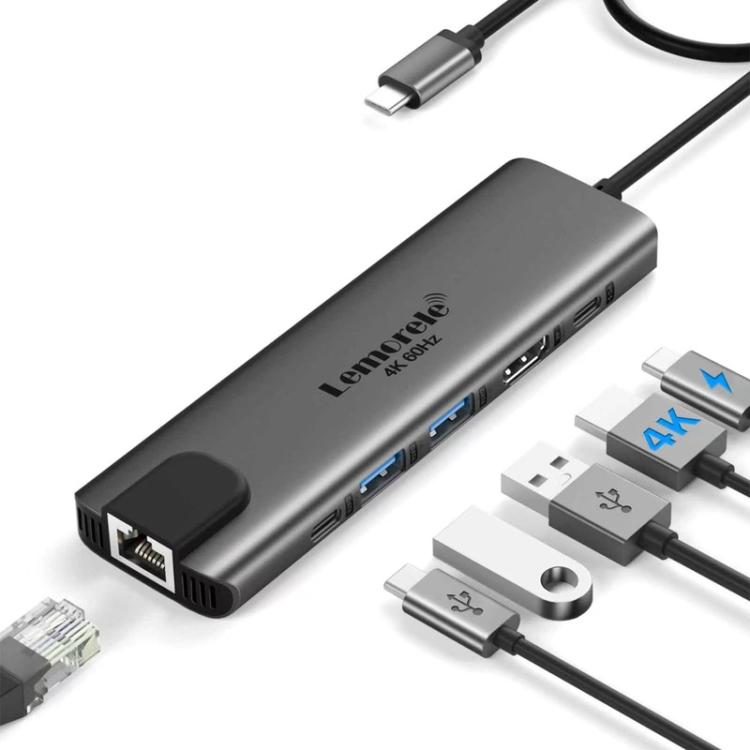 Estación de acoplamiento Lemorele TC44L 6 en 1 con salida de vídeo 4K, doble tarjeta, 100 W y conector PD portátil.