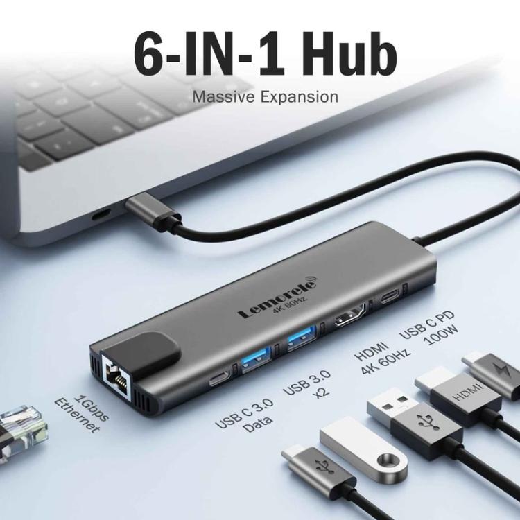 Estación de acoplamiento Lemorele TC44L 6 en 1 con salida de vídeo 4K, doble tarjeta, 100 W y conector PD portátil.