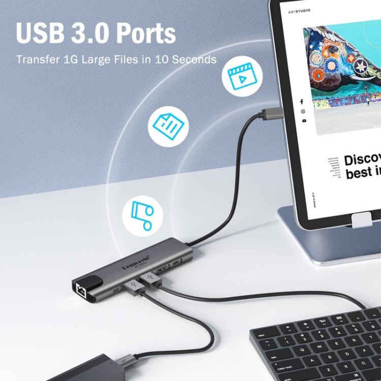 Estación de acoplamiento Lemorele TC44L 6 en 1 con salida de vídeo 4K, doble tarjeta, 100 W y conector PD portátil.