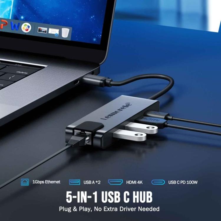 Estación de acoplamiento Lemorele TC24L 5 en 1 con pantalla Ultra HD 4K y adaptador PD de 100 W para transferencia rápida.