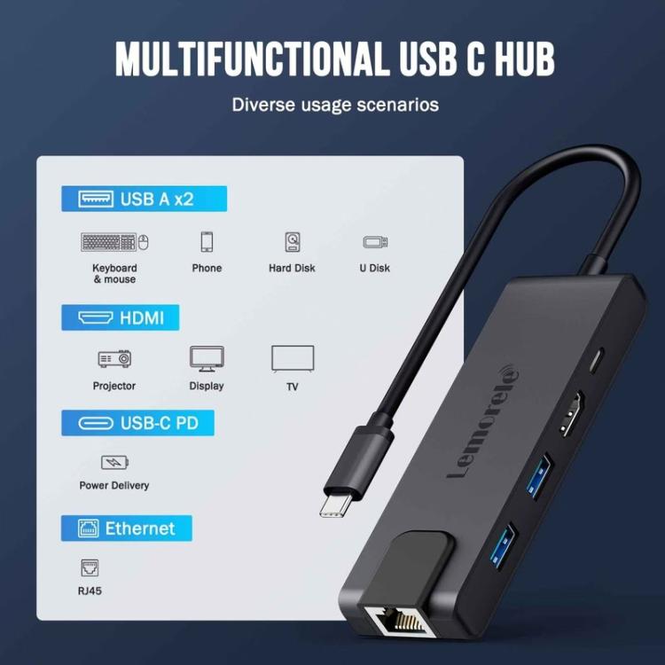 Estación de acoplamiento Lemorele TC24L 5 en 1 con pantalla Ultra HD 4K y adaptador PD de 100 W para transferencia rápida.