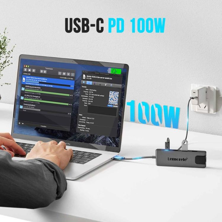 Estación de acoplamiento Lemorele TC24L 5 en 1 con pantalla Ultra HD 4K y adaptador PD de 100 W para transferencia rápida.