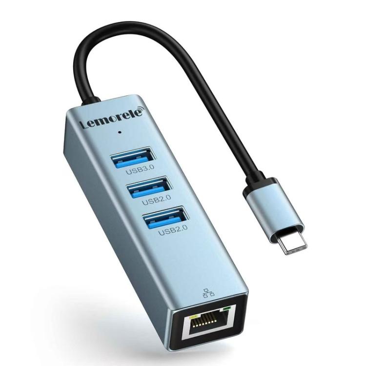 Hub Gigabit RJ45 Tipo C 4 en 1 Lemorele TC43L con 1 puerto USB 3.0 y 2 puertos USB 2.0.