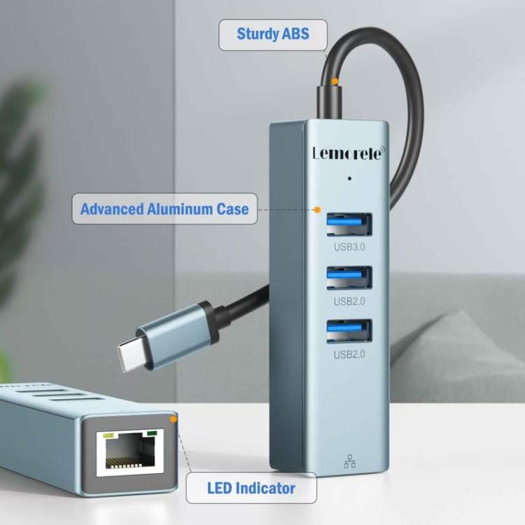 Hub Gigabit RJ45 Tipo C 4 en 1 Lemorele TC43L con 1 puerto USB 3.0 y 2 puertos USB 2.0.