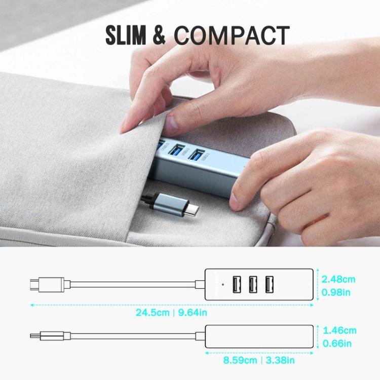 Hub Gigabit RJ45 Tipo C 4 en 1 Lemorele TC43L con 1 puerto USB 3.0 y 2 puertos USB 2.0.