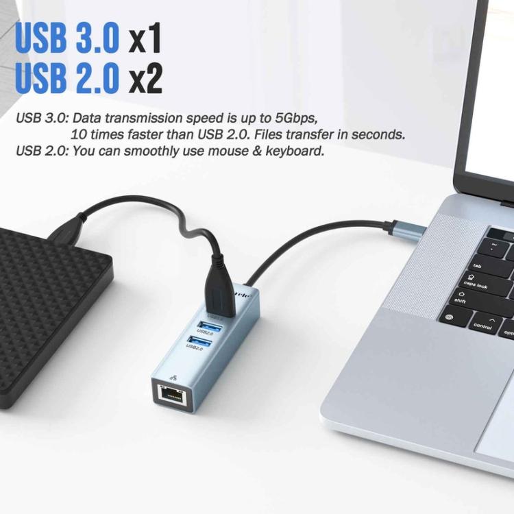 Hub Gigabit RJ45 Tipo C 4 en 1 Lemorele TC43L con 1 puerto USB 3.0 y 2 puertos USB 2.0.