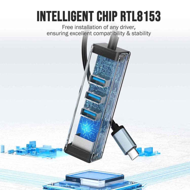 Hub Gigabit RJ45 Tipo C 4 en 1 Lemorele TC43L con 1 puerto USB 3.0 y 2 puertos USB 2.0.