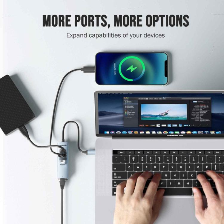 Hub Gigabit RJ45 Tipo C 4 en 1 Lemorele TC43L con 1 puerto USB 3.0 y 2 puertos USB 2.0.