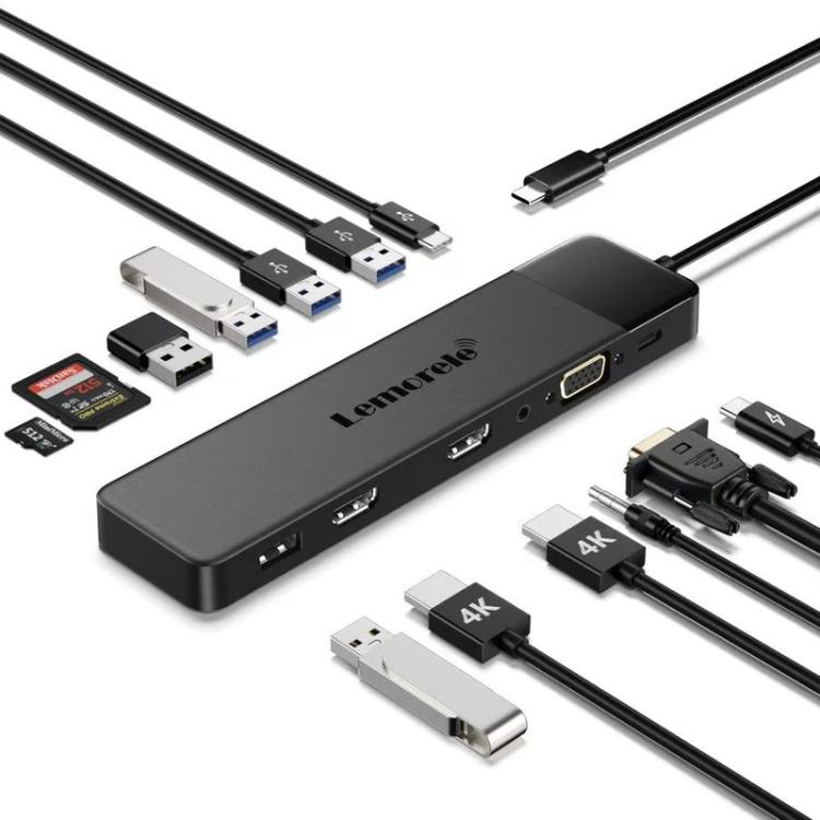 Adaptador multipuerto Lemorele TC200 13 en 1 con estación de acoplamiento USB-C a HDMI y VGA.