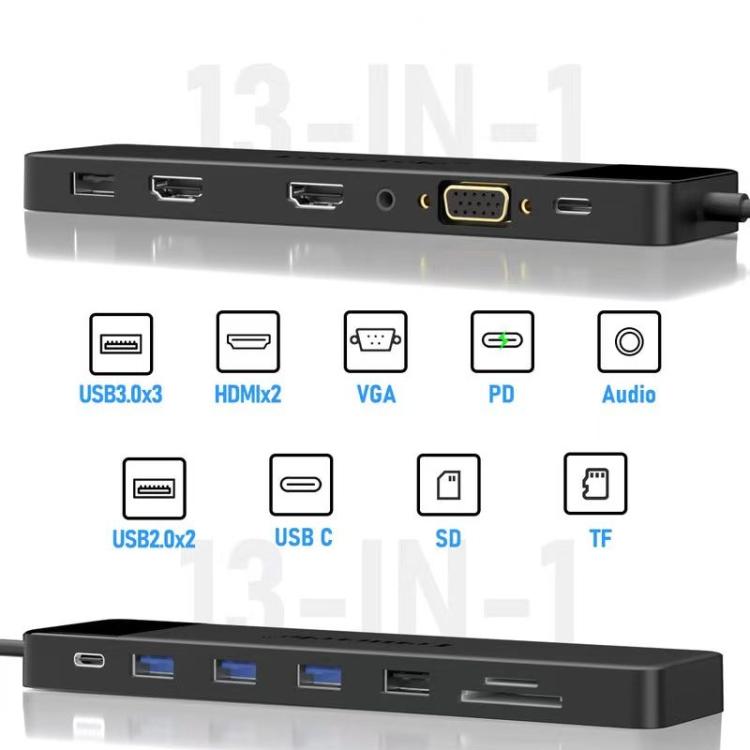 Adaptador multipuerto Lemorele TC200 13 en 1 con estación de acoplamiento USB-C a HDMI y VGA.