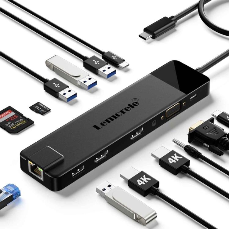 Estación de acoplamiento Lemorele TC100 13 en 1 con puerto USB tipo C y adaptador de carga Gigabit PD compatible con HDMI.