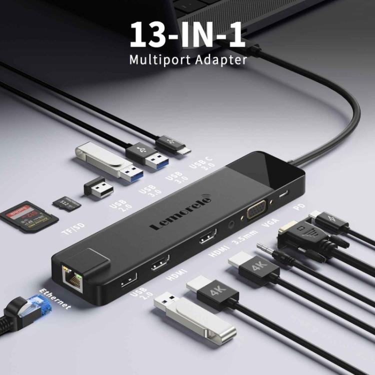 Estación de acoplamiento Lemorele TC100 13 en 1 con puerto USB tipo C y adaptador de carga Gigabit PD compatible con HDMI.
