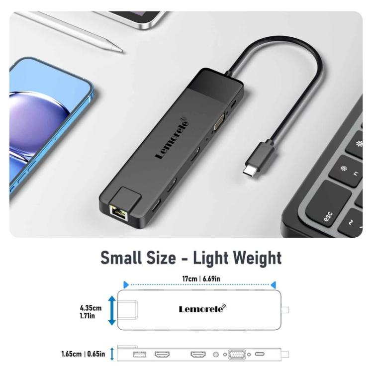Estación de acoplamiento Lemorele TC100 13 en 1 con puerto USB tipo C y adaptador de carga Gigabit PD compatible con HDMI.