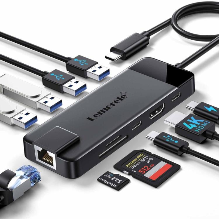 Estación de acoplamiento Lemorele TC93 10 en 1 con puerto USB tipo C y adaptador de carga Gigabit PD compatible con HDMI.