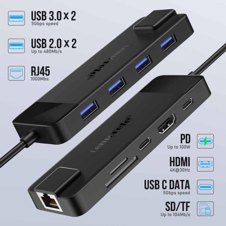 Estación de acoplamiento Lemorele TC93 10 en 1 con puerto USB tipo C y adaptador de carga Gigabit PD compatible con HDMI.