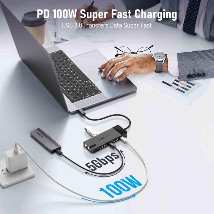 Estación de acoplamiento Lemorele TC93 10 en 1 con puerto USB tipo C y adaptador de carga Gigabit PD compatible con HDMI.