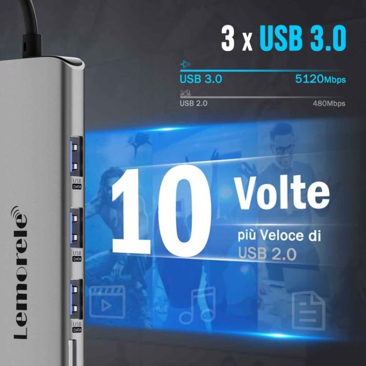 Estación de acoplamiento Lemorele TC38L 8 en 1 Tipo-C con adaptador de carga Gigabit PD compatible con HDMI