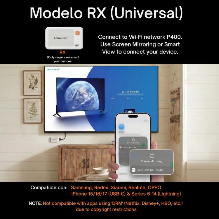 Transmisor USB-C Lemorele P400 para transmisión de vídeo inalámbrica 1080P, adaptador compatible con HDMI.