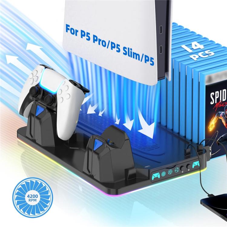 Soporte de refrigeración para PS5 / PS5 Slim / PS5 Pro, estación de carga para dos mandos y soporte para juegos.