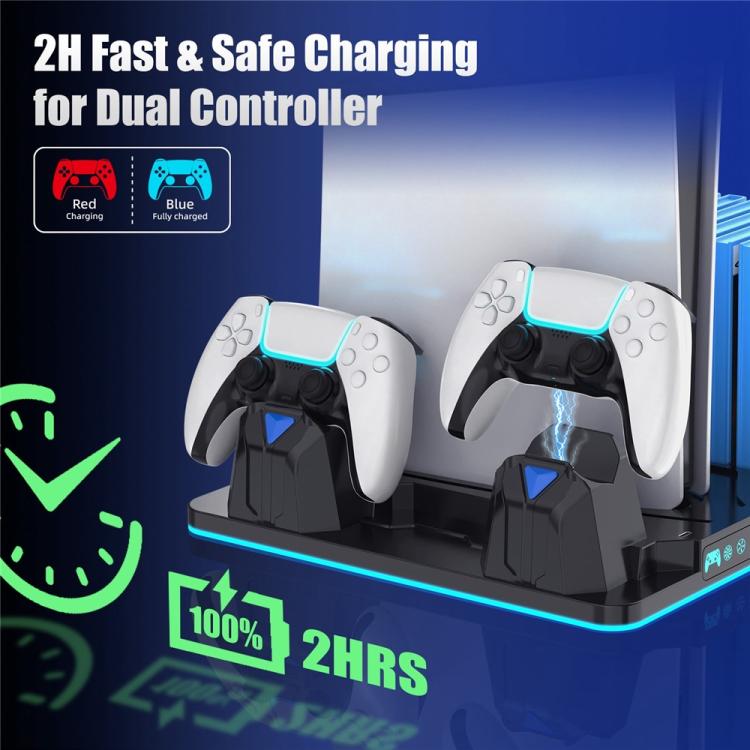Soporte de refrigeración para PS5 / PS5 Slim / PS5 Pro, estación de carga para dos mandos y soporte para juegos.