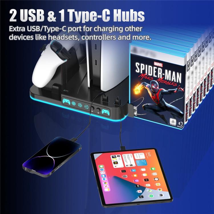Soporte de refrigeración para PS5 / PS5 Slim / PS5 Pro, estación de carga para dos mandos y soporte para juegos.