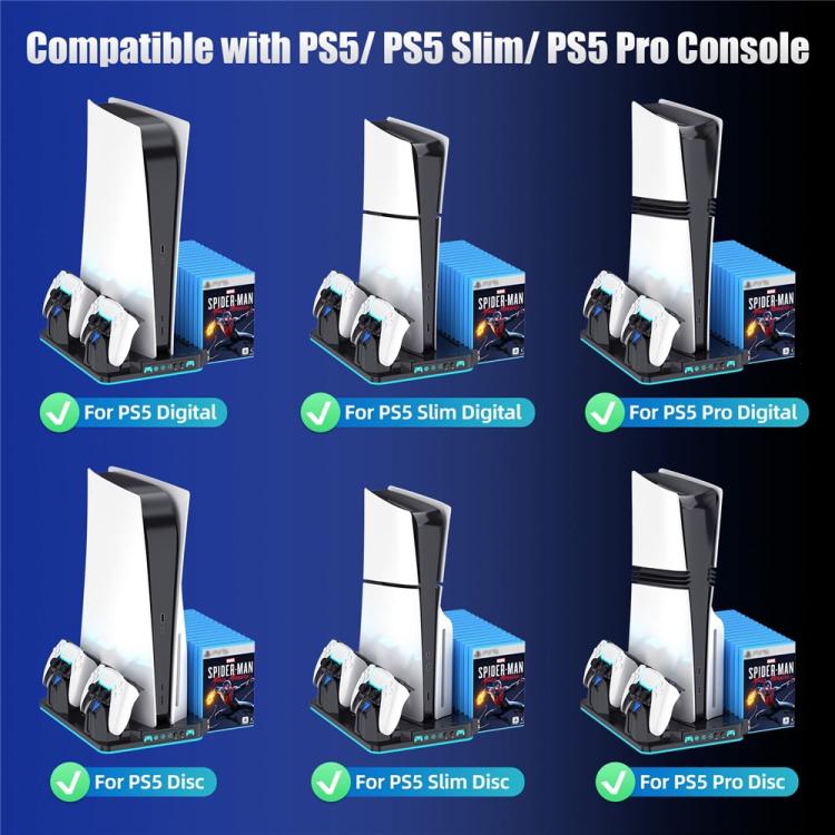 Soporte de refrigeración para PS5 / PS5 Slim / PS5 Pro, estación de carga para dos mandos y soporte para juegos.