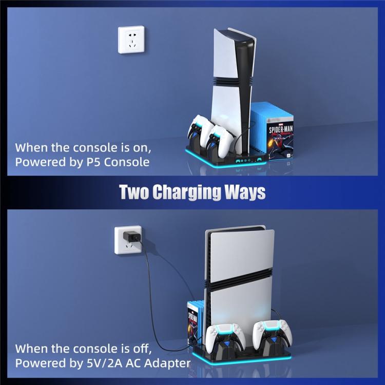 Soporte de refrigeración para PS5 / PS5 Slim / PS5 Pro, estación de carga para dos mandos y soporte para juegos.