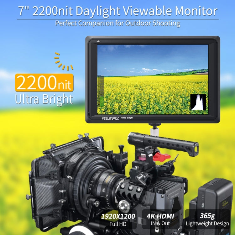 FEELWORLD FW279 Monitor DSLR de campo de cámara ultrabrillante de 7 pulgadas 2200nit Full HD 1920x1200 4K Salida de entrada HDMI Alto brillo para estabilizador DSLR, FW279