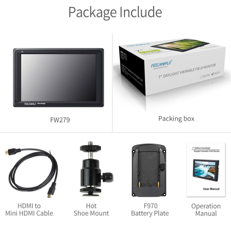 FEELWORLD FW279 Monitor DSLR de campo de cámara ultrabrillante de 7 pulgadas 2200nit Full HD 1920x1200 4K Salida de entrada HDMI Alto brillo para estabilizador DSLR, FW279