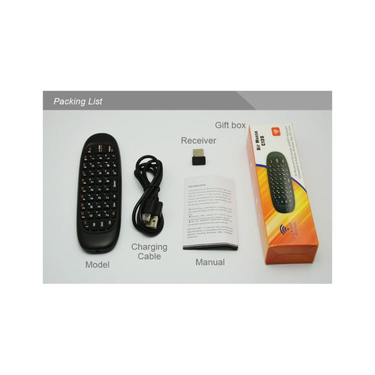 C120 2.4G Mini teclado Ratón remoto inalámbrico con 3 giroscopios y 3 sensores de gravedad para PC / HTPC / IPTV / Smart TV y Android TV Box, etc.
