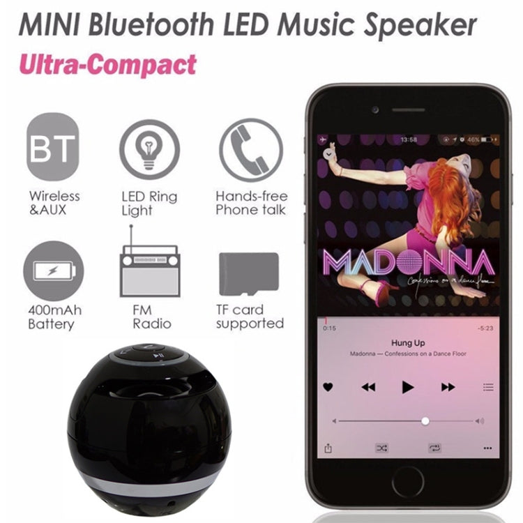 T&G A18 Ball Altavoz Bluetooth con luz LED Mini altavoz inalámbrico portátil Música móvil Subwoofer MP3 Soporte TF, BLACK, BLUE, PINK, WHITE