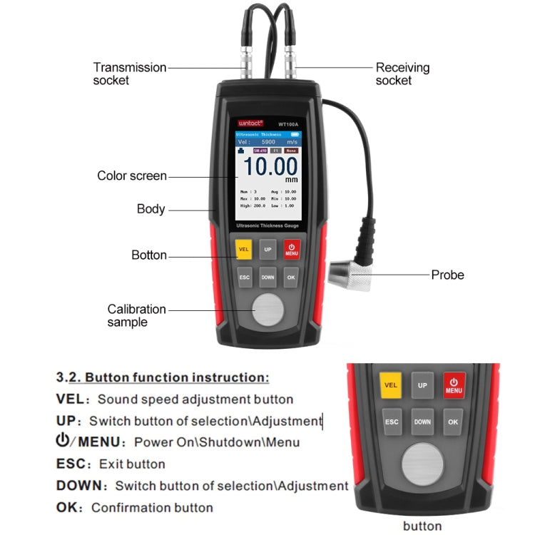 Medidor de espesor ultrasónico Digital WT100A, medidor de espesor Digital con carga USB, probador de Metal de alta precisión, WT100A