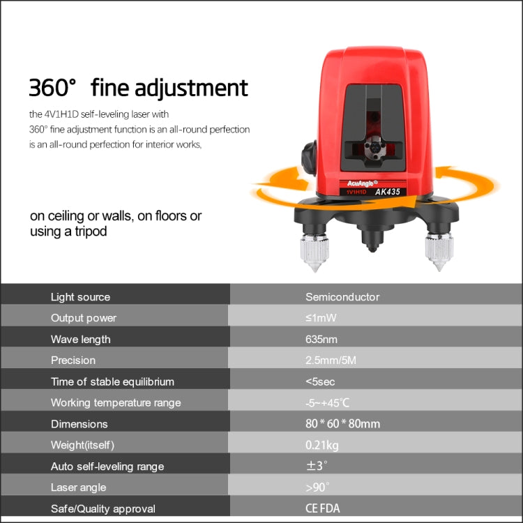 AK435 Nivel láser 3D autonivelante 2 láseres de línea Láseres verticales horizontales Nivel 360 Trípode Mini niveles láser