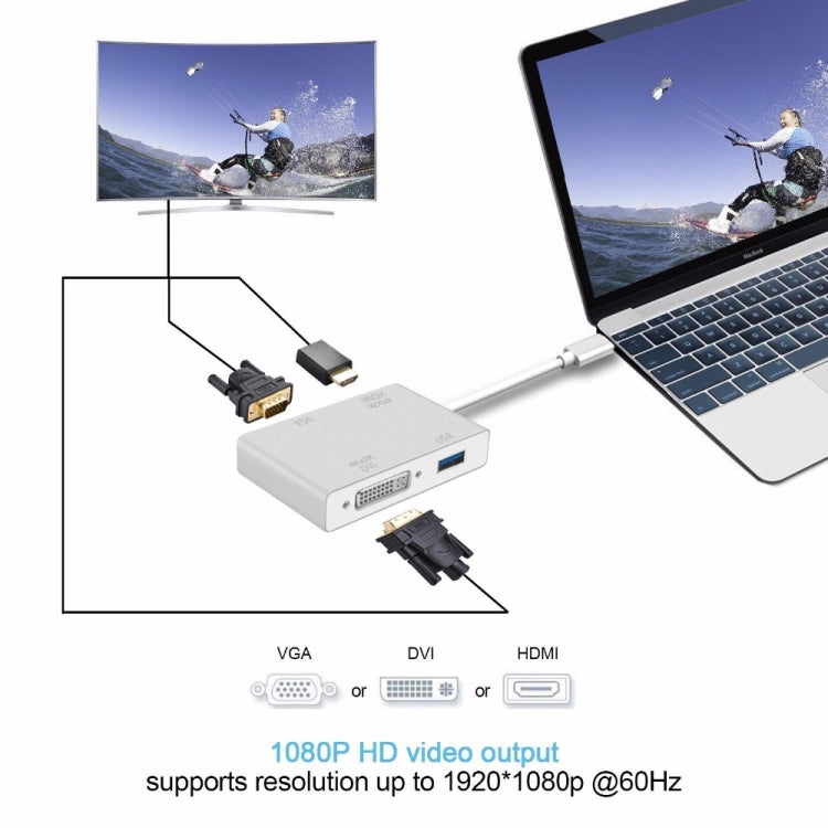 Cable adaptador 4 en 1 USB 3,1 USB C tipo C a HDMI VGA DVI USB 3,0 para ordenador portátil Apple Macbook Google Chromebook Pixel, USB3.0+HDMI+VGA+DVI to Type-C
