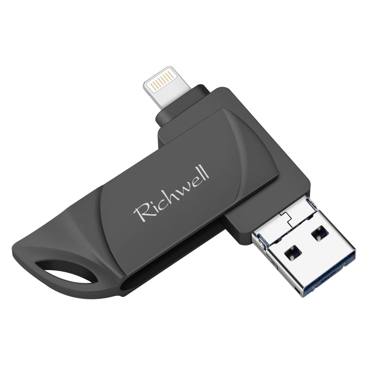 Richwell DXZ128 Disco flash USB 128G 3 en 1 Micro USB + 8 pines + USB 3.0 Compatible con iPhone e IOS, Negro, Plata, Oro de rosa