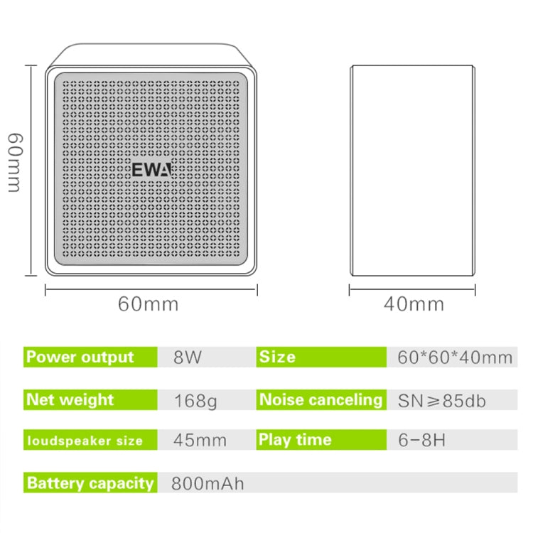 EWA A105 Altavoz Bluetooth de alta fidelidad, bajo de alta potencia de tamaño pequeño, soporte de tecnología Bluetooth TWS TF