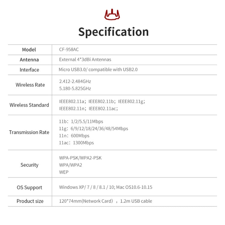 Comfast CF-958AC adaptador Wifi PA de alta potencia 1900Mbps tarjeta de red Gigabit e-sports 2,4 Ghz + 5,8 Ghz USB 3,0 PC receptor Dongle Lan