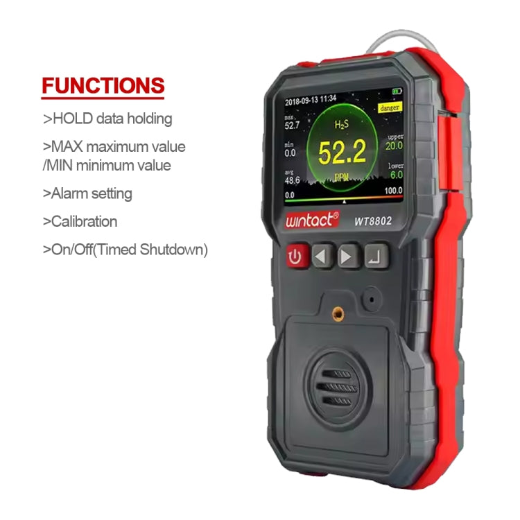 WINTACT WT8802 Monitor de sulfuro de hidrógeno Sensor de gas recargable profesional Alarma de vibración de luz y sonido digital de alta sensibilidad Detector H2S