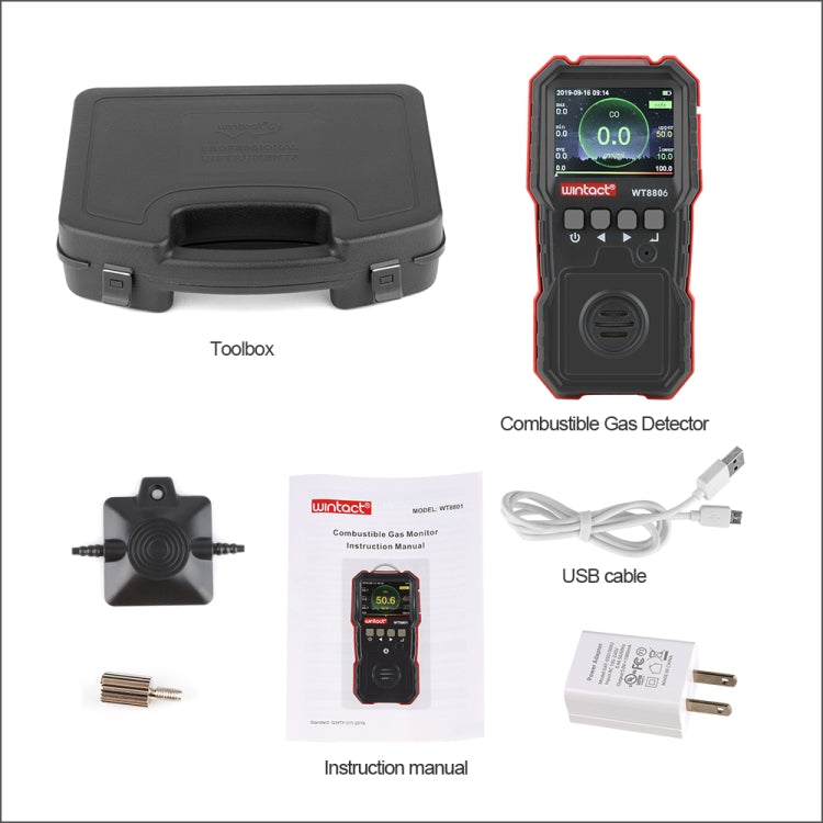 WINTACT WT8806 Monitor de monóxido de carbono Sensor de gas recargable profesional Envenenamiento de alta sensibilidad Alarma de vibración de luz y sonido Detector de CO